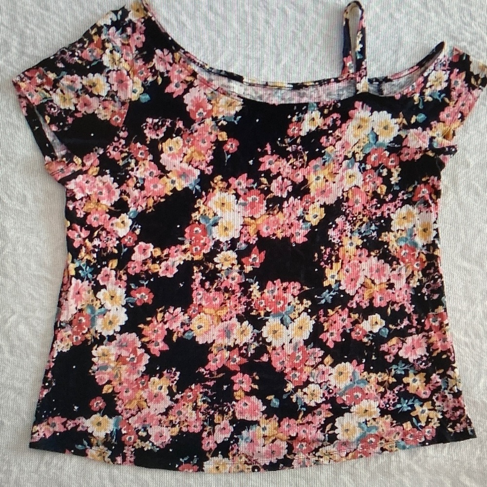 Maurices Black Floral Cold-Shoulder Cami Top with Pink and Cream Flowers